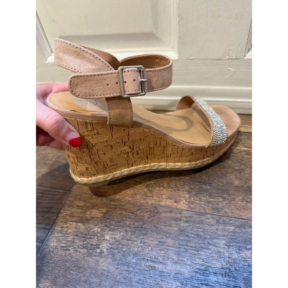 Madden NYC Womens Rhinestone Cork Wedge Sandals Nude Pink Size 10W‎ Wide